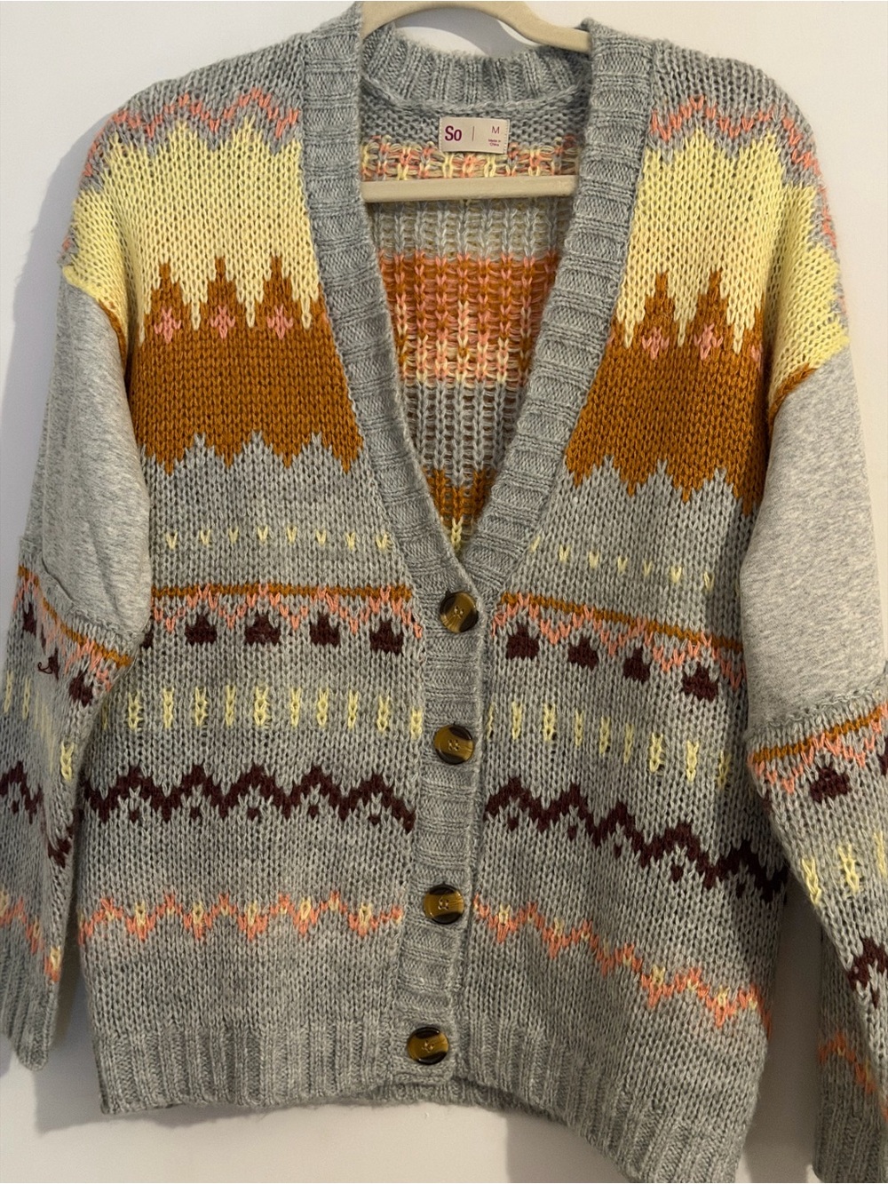 NWT SO Knit Fair Isle Cardigan Sweater Grey Yellow Rust Size Medium